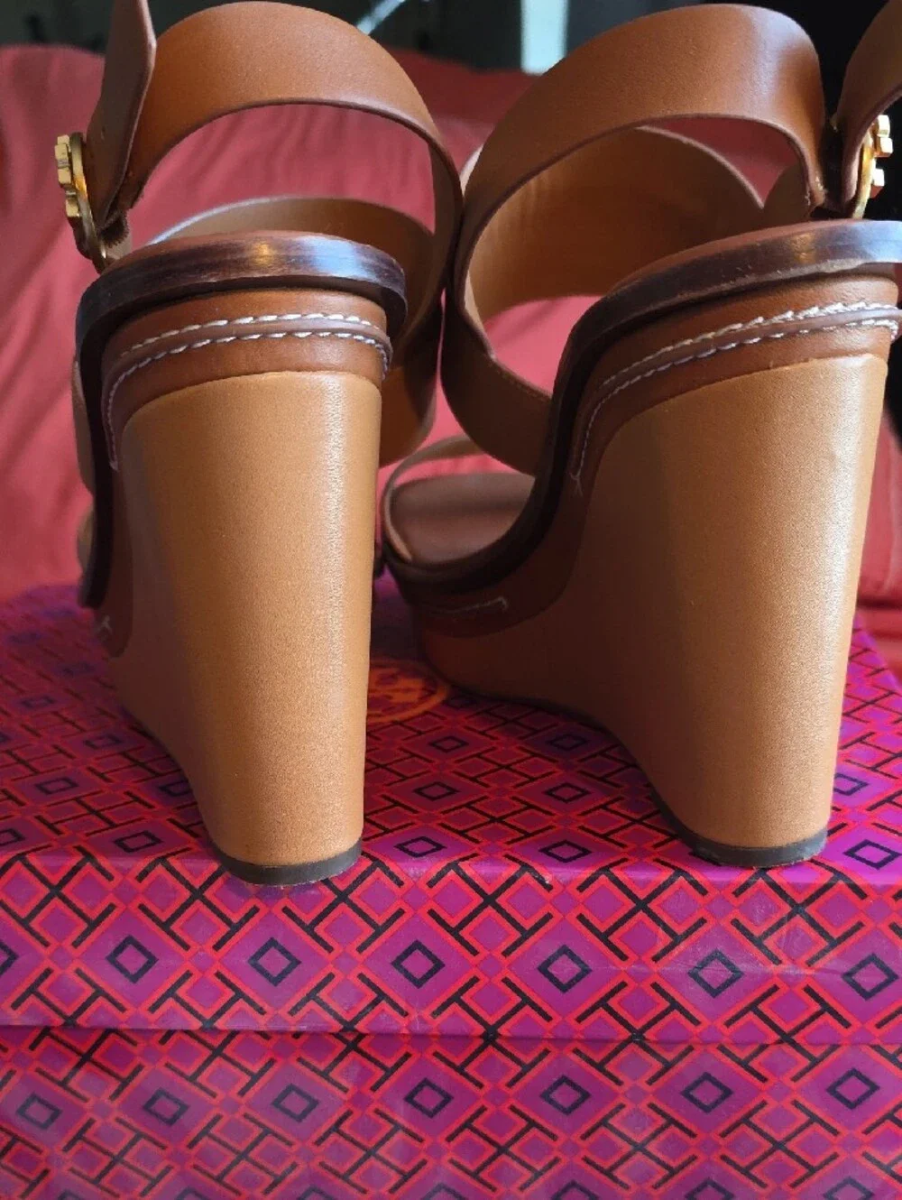 Tory Burch ~SELBY 120mm Selby Wedge Sandals Brown Camel Leather